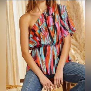 SAVANNA JANE Blouse Womens Medium Multicolor Asymmetrical Southwest Off Shoulder